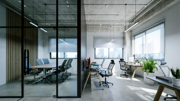 Modern office interior with exposed concrete ceiling and floor. 3d rendering